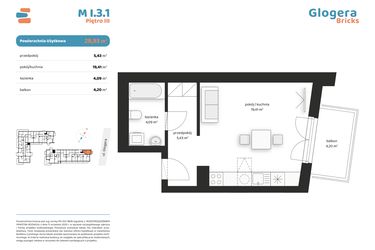 Rzut - Mieszkanie na sprzedaż 1 pokój o powierzchni 28,93 m² - numer M I.3.1 w Glogera Bricks