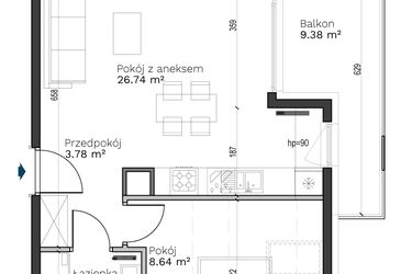 Rzut - Mieszkanie na sprzedaż 2 pokoje o powierzchni 43,6 m² - numer B-23 w Destino
