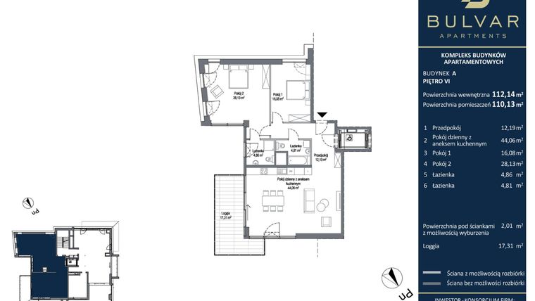 Rzut - Mieszkanie na sprzedaż 3 pokoje o powierzchni 111,5 m² - numer A.7.14 w Bulvar Apartments - etap I