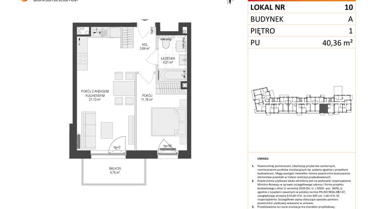Rzut - Mieszkanie na sprzedaż 2 pokoje o powierzchni 40,36 m² - numer A10 w Osiedle Warszawska etap IV