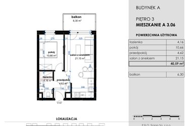 Rzut - Mieszkanie na sprzedaż 2 pokoje o powierzchni 40,59 m² - numer A 3.06 w Osiedle Kwiatowe