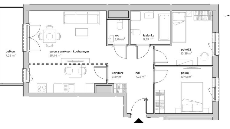 Rzut - Mieszkanie na sprzedaż 3 pokoje o powierzchni 64,86 m² - numer B.07.172 w Unii Lubelskiej Vita