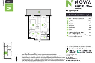 Rzut - Mieszkanie na sprzedaż 2 pokoje o powierzchni 43,62 m² - numer D29 w Nowa Częstochowa Małopolska etap II