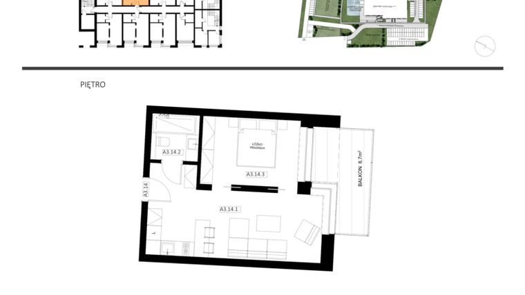 Rzut - Mieszkanie na sprzedaż 2 pokoje o powierzchni 39,28 m² - numer A3.14 w Apartamenty Dźwirzyno