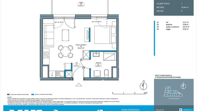Rzut - Mieszkanie na sprzedaż 1 pokój o powierzchni 33,64 m² - numer A.9.1 w Rakoczego 17