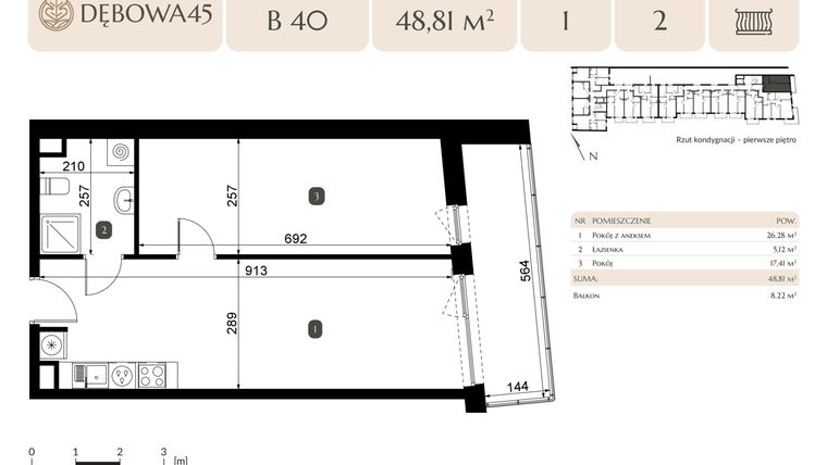 Rzut - Lokal użytkowy na sprzedaż 2 pokoje o powierzchni 48,81 m² - numer B.40 - LU7 w Dębowa 45