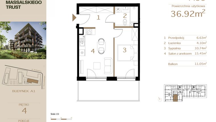 Rzut - Mieszkanie na sprzedaż 2 pokoje o powierzchni 36,92 m² - numer M53 w Massalskiego Trust