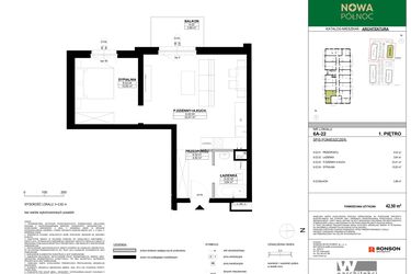 Rzut - Mieszkanie na sprzedaż 2 pokoje o powierzchni 42,5 m² - numer 6A-22 w Nowa Północ etap 2A