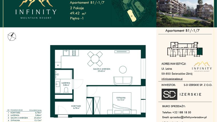 Rzut - Mieszkanie na sprzedaż 2 pokoje o powierzchni 49,42 m² - numer B1/-1/7 w Infinity Mountain Resort etap 2
