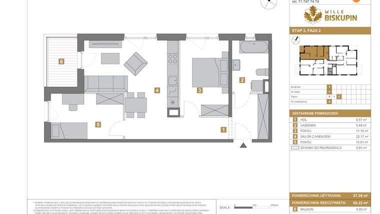 Rzut - Mieszkanie na sprzedaż 3 pokoje o powierzchni 57,39 m² - numer Y/8 w Wille Biskupin Etap 2.2