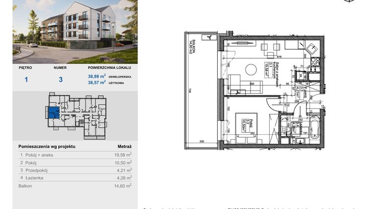 Rzut - Mieszkanie na sprzedaż 2 pokoje o powierzchni 38,57 m² - numer 3 w Balantia