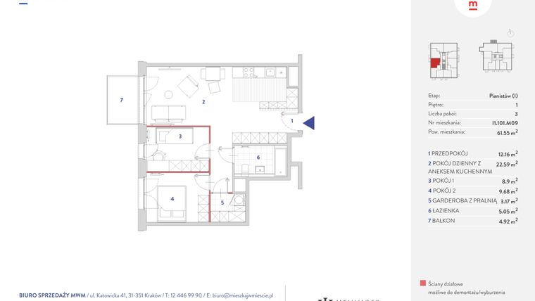 Rzut - Mieszkanie na sprzedaż 3 pokoje o powierzchni 61,51 m² - numer I1.101.M09 w Mieszkaj w mieście - etap Pianistów budynek I.