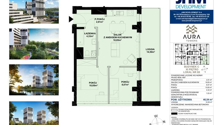 Rzut - Mieszkanie na sprzedaż 3 pokoje o powierzchni 46,63 m² - numer C.11.88 w Aura Towers