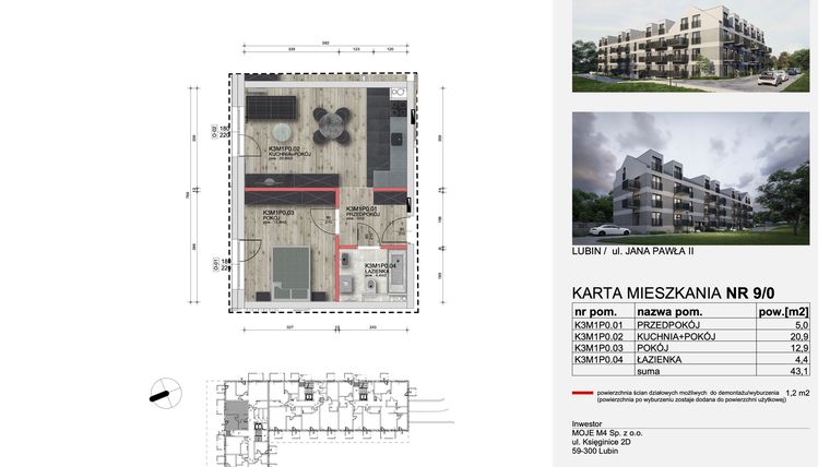 Rzut - Mieszkanie na sprzedaż 2 pokoje o powierzchni 42,44 m² - numer 9_0 w Apartamenty Kochanowskiego