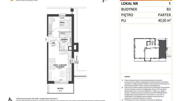 Rzut - Mieszkanie na sprzedaż 2 pokoje o powierzchni 40 m² - numer B3 1 w Wzgórze Markowca
