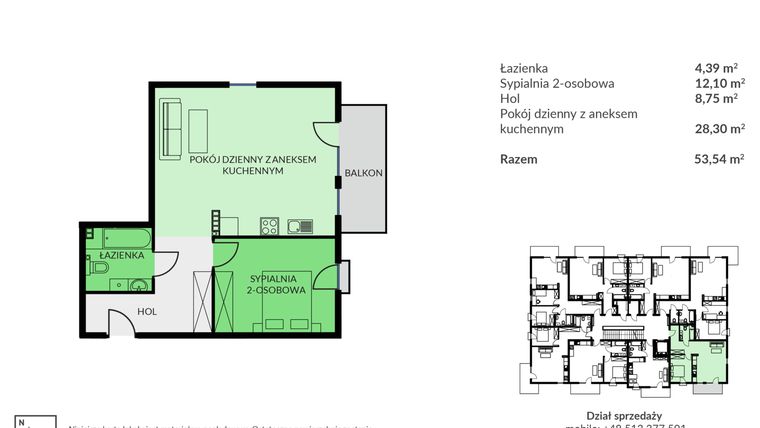 Rzut - Mieszkanie na sprzedaż 2 pokoje o powierzchni 53,54 m² - numer D14 w Osiedle Urodzajna