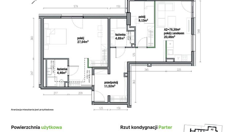 Rzut - Mieszkanie na sprzedaż 3 pokoje o powierzchni 76,3 m² - numer A02 w Traugutta Vita