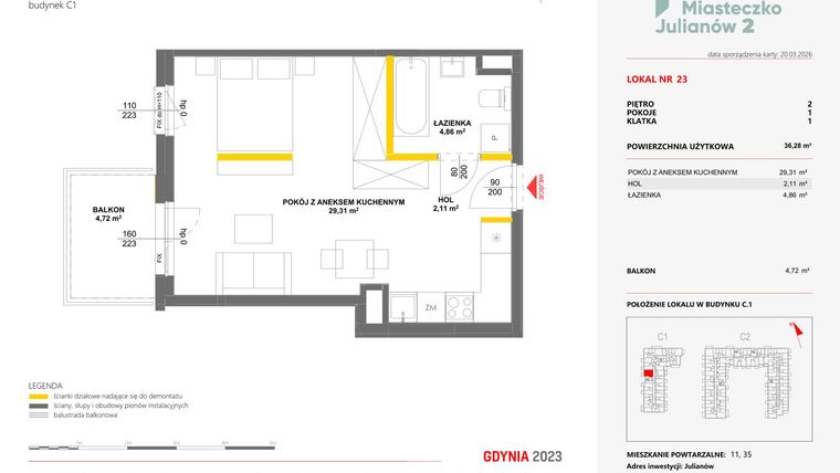 Rzut - Mieszkanie na sprzedaż 1 pokój o powierzchni 36,28 m² - numer 23 w Miasteczko Julianów etap 2