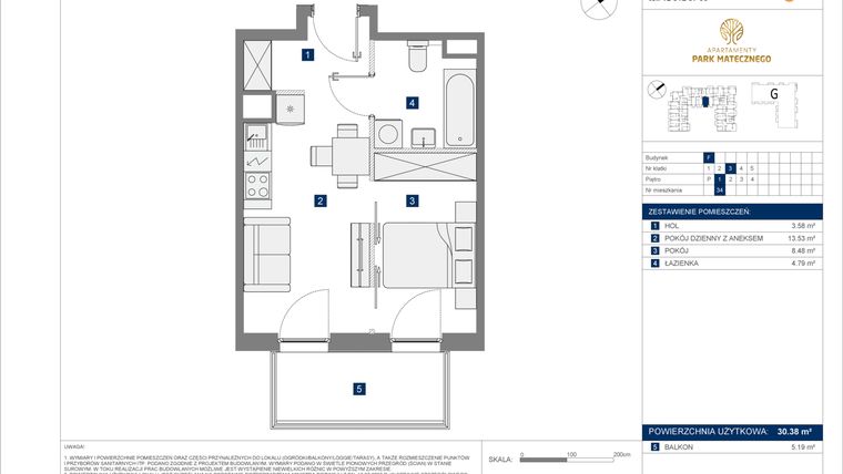 Rzut - Mieszkanie na sprzedaż 2 pokoje o powierzchni 30,38 m² - numer F-34 w Apartamenty Park Matecznego Etap 2
