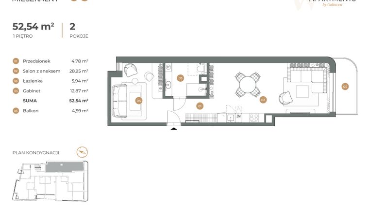 Rzut - Mieszkanie na sprzedaż 2 pokoje o powierzchni 52,54 m² - numer 6 w Witkiewicza Apartments