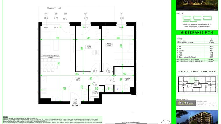 Rzut - Mieszkanie na sprzedaż 3 pokoje o powierzchni 58,36 m² - numer 7.6. w City Park Apartments