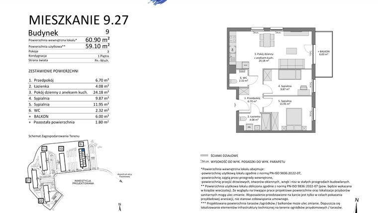 Rzut - Mieszkanie na sprzedaż 3 pokoje o powierzchni 59,1 m² - numer 9.27 w Osiedle Pastelowe etap IV