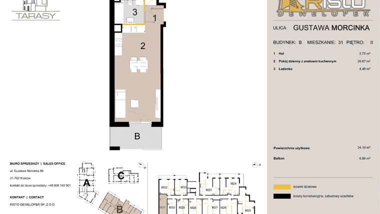 Rzut - Mieszkanie na sprzedaż 1 pokój o powierzchni 34,1 m² - numer B31 w Krzesławickie Tarasy