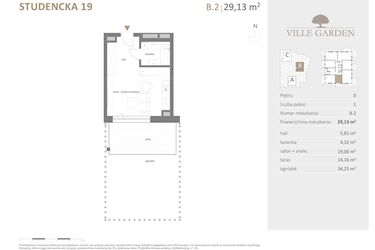 Rzut - Mieszkanie na sprzedaż 1 pokój o powierzchni 29,13 m² - numer B.02 w Ville Garden