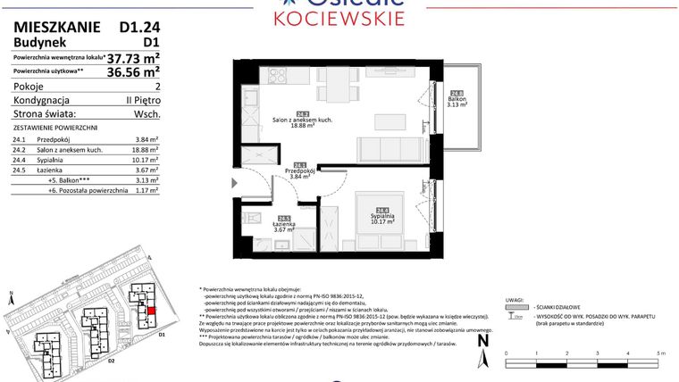 Rzut - Mieszkanie na sprzedaż 2 pokoje o powierzchni 36,56 m² - numer D1.24 w Osiedle Kociewskie etap III
