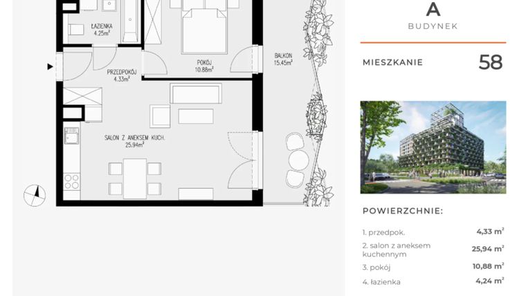 Rzut - Mieszkanie na sprzedaż 2 pokoje o powierzchni 45,39 m² - numer 58 w Semiramis