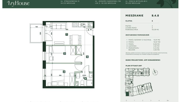 Rzut - Mieszkanie na sprzedaż 3 pokoje o powierzchni 43,39 m² - numer B.4.8 w IVY HOUSE