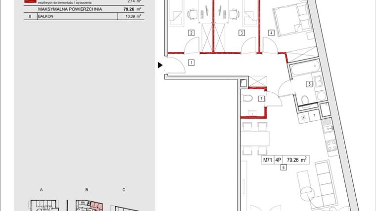 Rzut - Mieszkanie na sprzedaż 4 pokoje o powierzchni 79,26 m² - numer B-1-71 w ATAL Aura