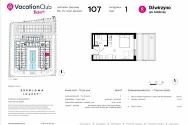 Rzut - Mieszkanie na sprzedaż 1 pokój o powierzchni 24 m² - numer 107 w VacationClub Resort