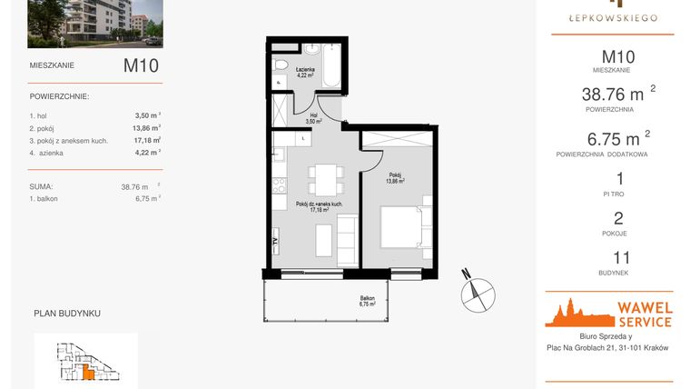 Rzut - Mieszkanie na sprzedaż 2 pokoje o powierzchni 38,76 m² - numer M10 w Łepkowskiego 11