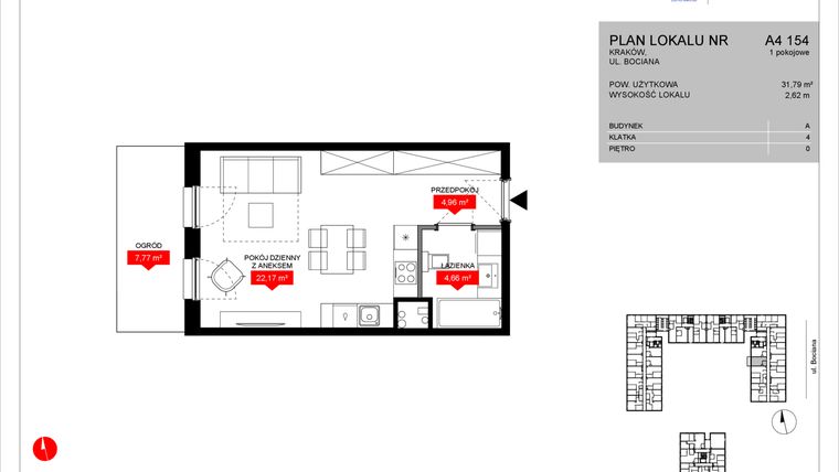 Rzut - Mieszkanie na sprzedaż 1 pokój o powierzchni 31,79 m² - numer A4 154 w Osiedle Bociana 5