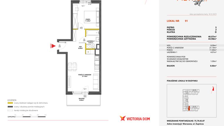 Rzut - Mieszkanie na sprzedaż 2 pokoje o powierzchni 46,07 m² - numer 91 w Metro Art 11