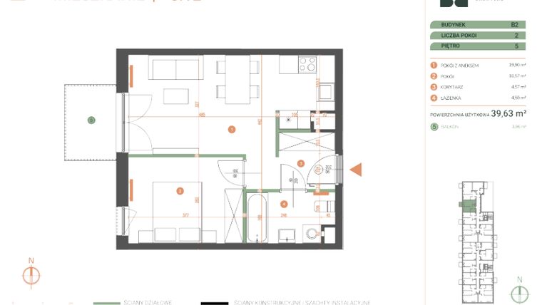 Rzut - Mieszkanie na sprzedaż 2 pokoje o powierzchni 39,63 m² - numer M.05.12 w Casa Feliz Portowa