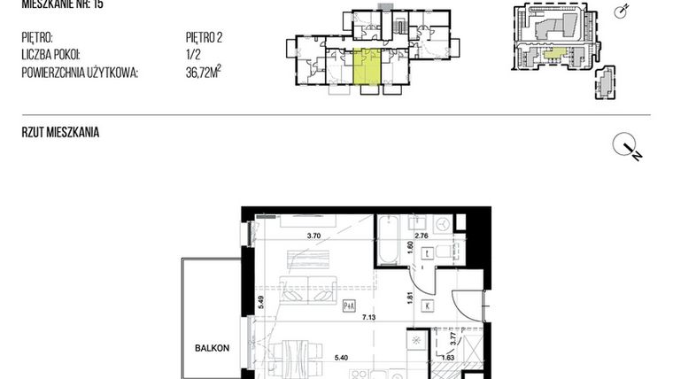 Rzut - Mieszkanie na sprzedaż 1 pokój o powierzchni 36,64 m² - numer 22H/15 w NATURAMA II