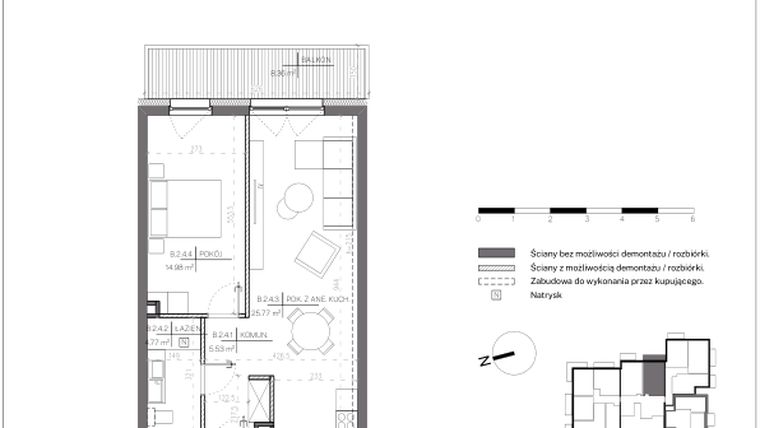 Rzut - Mieszkanie na sprzedaż 2 pokoje o powierzchni 51,05 m² - numer B.2.4 w Polanka 21