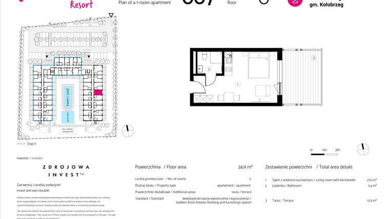 Rzut - Mieszkanie na sprzedaż 1 pokój o powierzchni 24,9 m² - numer 007 w VacationClub Resort