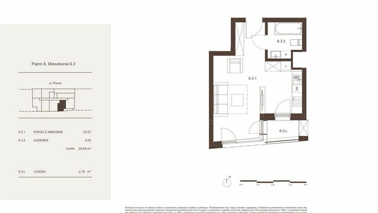 Rzut - Mieszkanie na sprzedaż 1 pokój o powierzchni 28,6 m² - numer 6.3 w Piwna 21