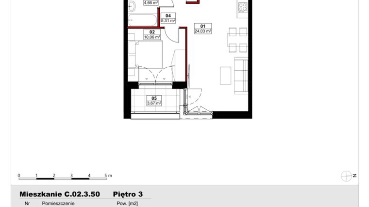 Rzut - Mieszkanie na sprzedaż 2 pokoje o powierzchni 44,06 m² - numer C02.3.50 w Skwer Witosa