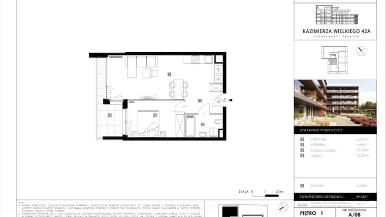 Rzut - Mieszkanie na sprzedaż 2 pokoje o powierzchni 49,35 m² - numer A/08 w Kazimierza Wielkiego 42A