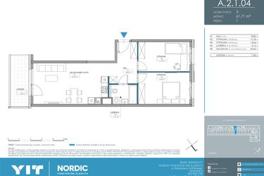 Rzut - Mieszkanie na sprzedaż 3 pokoje o powierzchni 61,71 m² - numer 1.2.1.04 w Nordic Powstańców Śląskich
