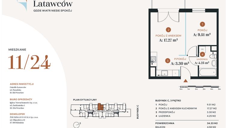 Rzut - Mieszkanie na sprzedaż 2 pokoje o powierzchni 34,33 m² - numer C11-24 w Osiedle Latawców