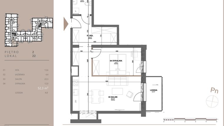 Rzut - Mieszkanie na sprzedaż 2 pokoje o powierzchni 52,43 m² - numer 22 w BETWEEN