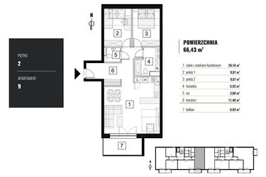 Rzut - Mieszkanie na sprzedaż 3 pokoje o powierzchni 66,43 m² - numer M.9 w Zielony Horyzont II