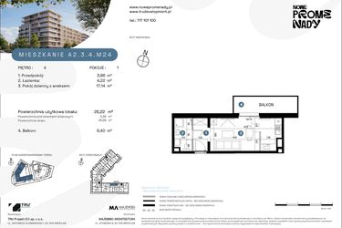 Rzut - Mieszkanie na sprzedaż 1 pokój o powierzchni 25,22 m² - numer A2.3.4.M24 w Nowe Promenady