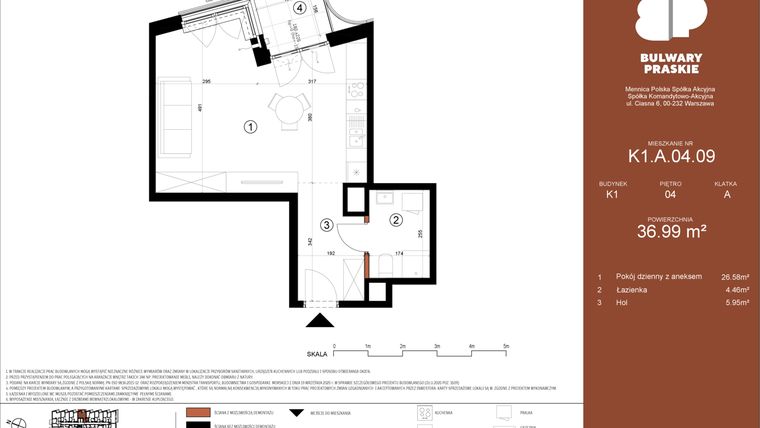 Rzut - Mieszkanie na sprzedaż 1 pokój o powierzchni 37 m² - numer K1.A.04.09 w Bulwary Praskie etap K i L
