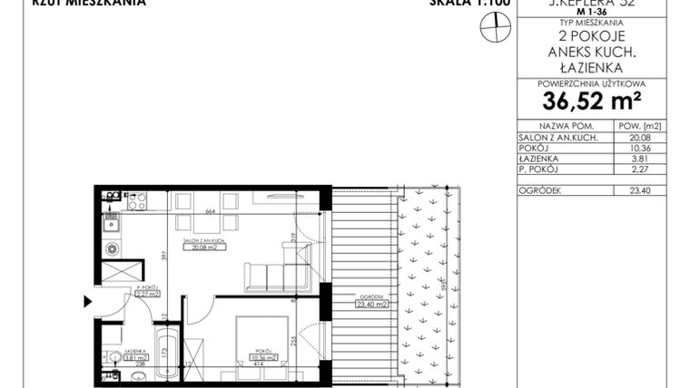 Rzut - Mieszkanie na sprzedaż 2 pokoje o powierzchni 36,52 m² - numer JAR-A-LM-M3 w Osiedle JAR Heweliusza